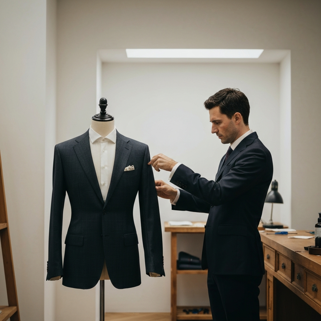 A tailor's workshop. A tailor is meticulously adjusting the sleeve of a blazer on a mannequin. The lighting is focused and precise, highlighting the details of the tailoring process.