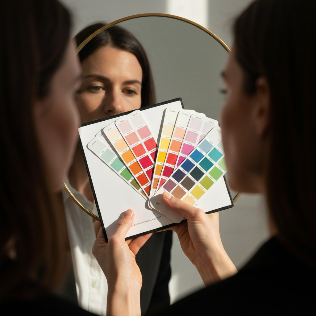 A person holding a color swatch book in front of a mirror, comparing different colors to their skin tone and hair. Natural light illuminates the face and the color swatches, allowing for accurate assessment.