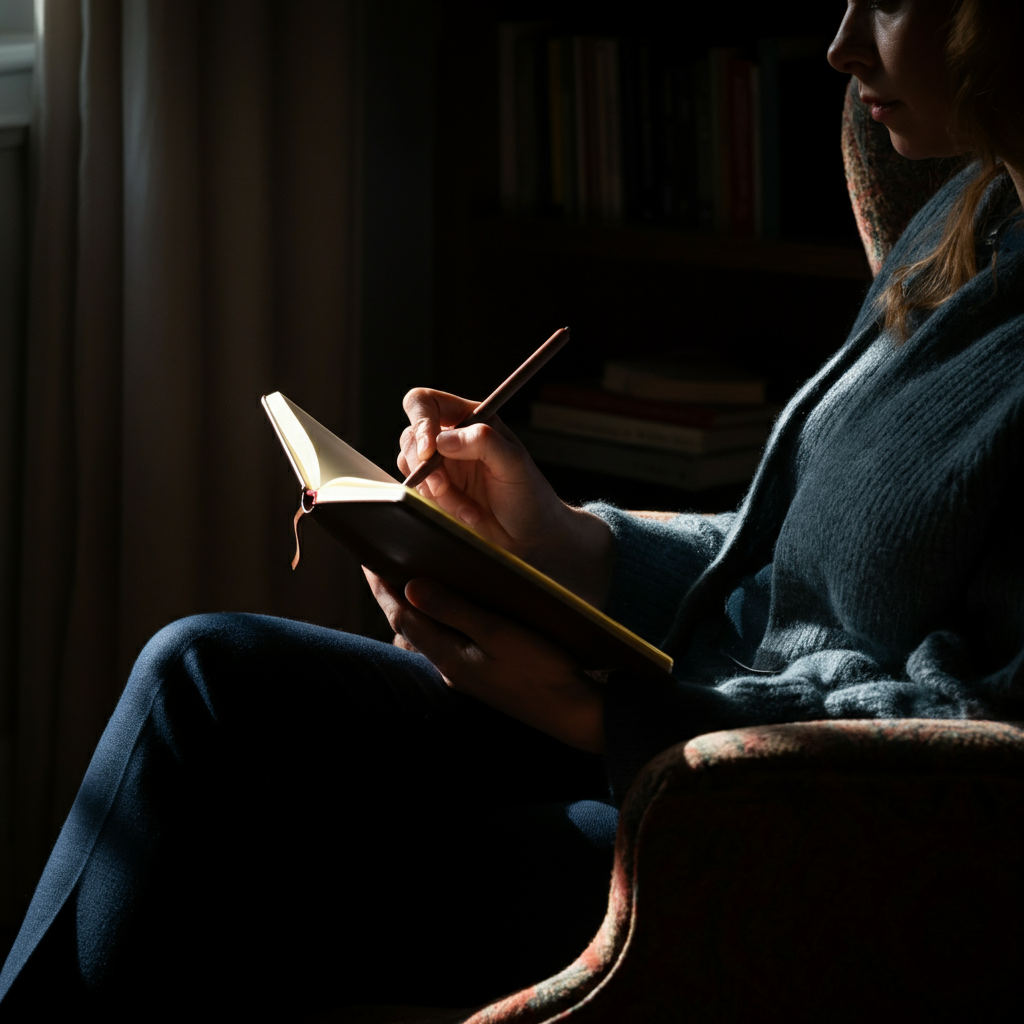 A person sitting comfortably in a brightly lit armchair, journaling in a leather-bound notebook. Sunlight streams in through a nearby window, casting long shadows. Soft bokeh on the background bookshelf.