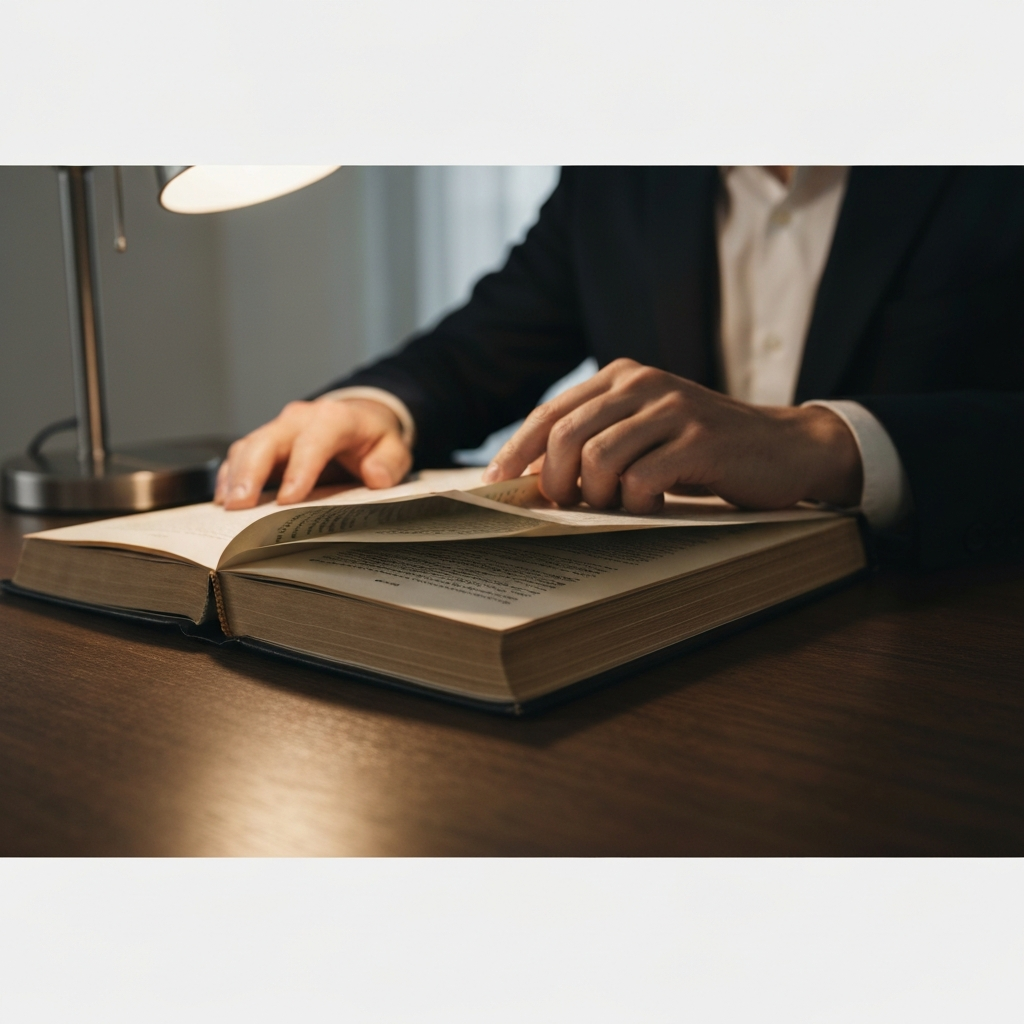 A close-up of a hand turning the page of a well-worn philosophy book. The book lies on a dark wooden desk, illuminated by a small desk lamp. Focus on the texture of the paper and the worn binding.