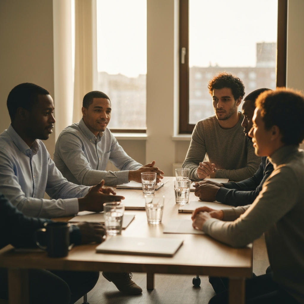A group of diverse individuals engaged in a lively but respectful debate around a conference table. Natural light filters in from a window, highlighting the expressions on their faces. The scene is professional and collaborative.