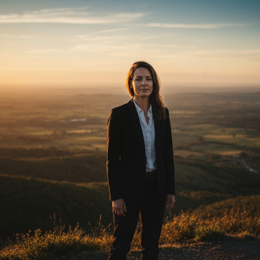 A woman standing on a hilltop overlooking a vast landscape at golden hour. She has a determined yet peaceful expression on her face. The light is warm and diffused, creating a sense of serenity and purpose.