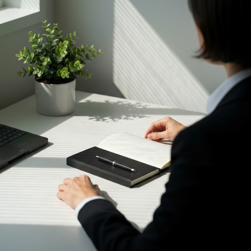 An organized and uncluttered desk with a journal, pen, and a small, leafy green plant. Sunlight creates a side-lit texture on the desk surface, emphasizing the simplicity and peacefulness of the space.