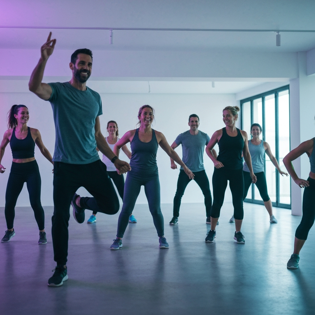 A group of people participating in a high-energy dance fitness class. The lighting is dynamic with colorful accents, and the participants are smiling and moving in sync with the music. The instructor is energetic and motivating.