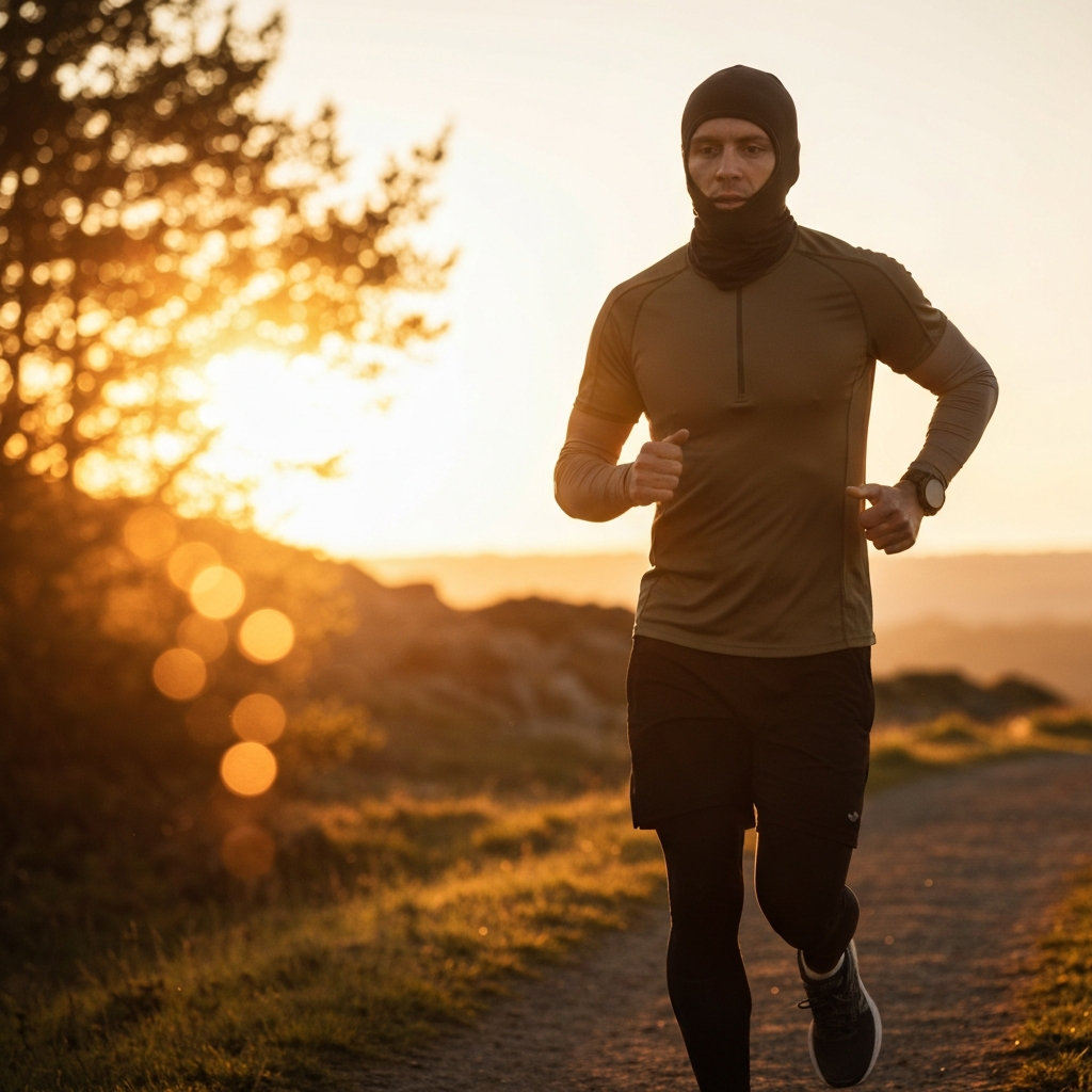 A runner at golden hour. The sun is side-lit with bokeh, and the runner appears to be deeply in focus, with their muscles defined and their breathing measured. They are striding confidently along a scenic trail. 