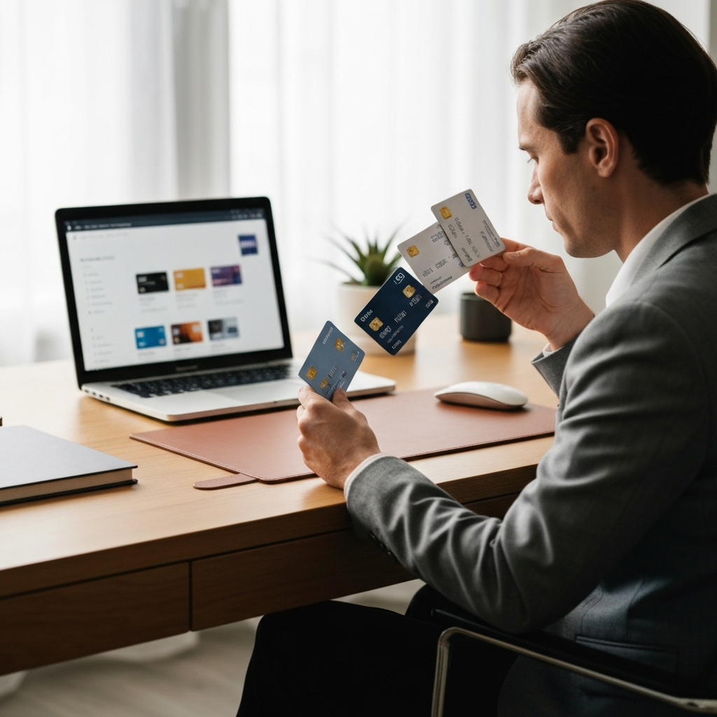 A person seated at a modern desk, bathed in soft, natural light, meticulously comparing the features of several credit cards displayed on a laptop screen. The desk features a clean, minimalist design with a leather desk pad and a small plant. The laptop screen is slightly blurred in the background, focusing on the person's thoughtful expression.