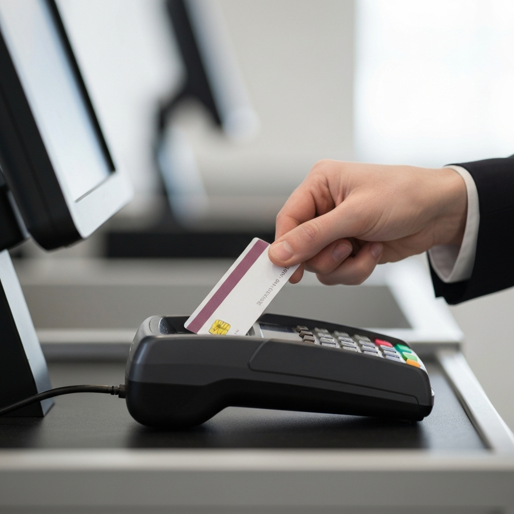 Close-up shot of a hand carefully placing a credit card into a card reader at a checkout counter. The lighting is diffused, highlighting the texture of the card and the smooth surface of the reader. The background is intentionally blurred to emphasize the act of payment.