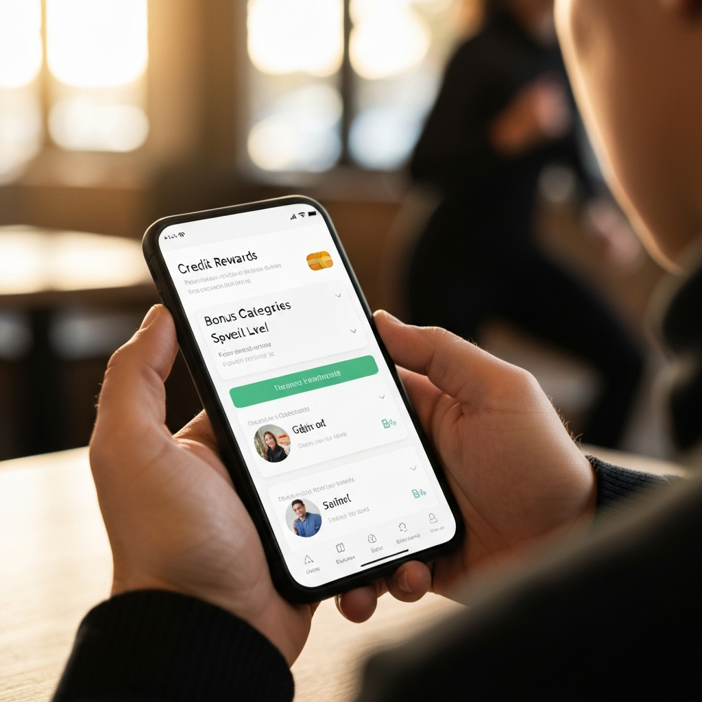 A person's hands holding a smartphone open to a credit card rewards app, highlighting the bonus categories and spending levels. The scene is brightly lit, emphasizing the clarity of the app interface. Soft bokeh in the background suggests a coffee shop setting.