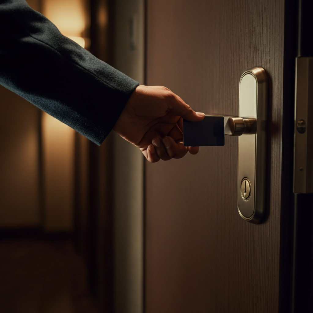 A close-up shot of a hotel key card being swiped to unlock a hotel room door. The lighting is warm and inviting, highlighting the texture of the door and the sleek design of the key card. Soft focus on the background of the hotel hallway.