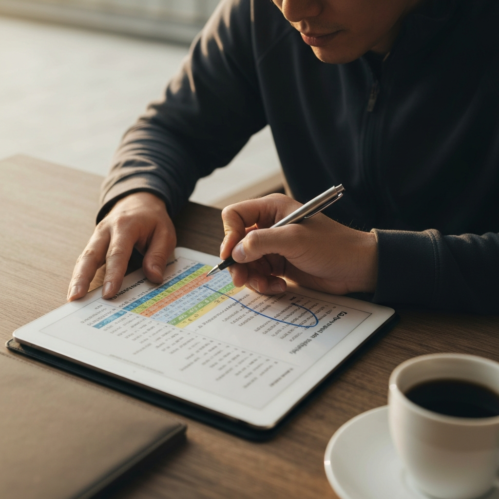 A person carefully analyzing an airline award chart on a tablet, with a pen in hand, circling potential travel routes and dates. The scene is well-lit, focusing on the details of the chart and the person's focused expression. A cup of coffee rests on the table nearby.