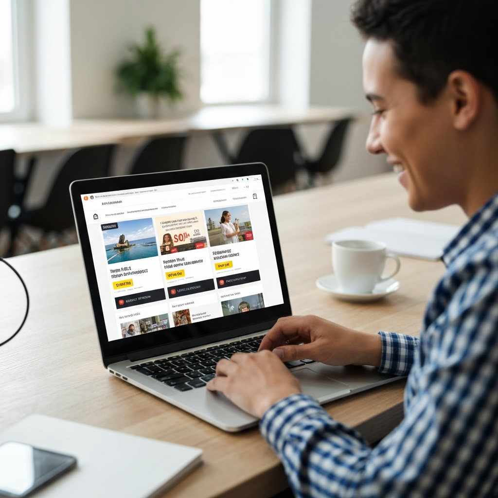A person browsing travel rewards websites and blogs on a laptop in a bright and airy co-working space. The screen is visible, showing various travel deals and loyalty program promotions. The person is smiling and engaged, highlighting the excitement of finding great deals.
