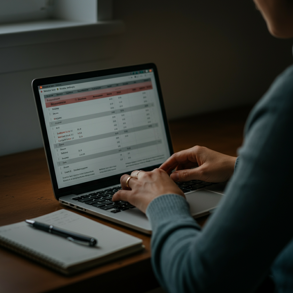 A warmly lit home office. A person is seated at a desk with a laptop displaying a budget spreadsheet. Soft focus is on the laptop screen, highlighting the numbers and categories. A pen and notebook rest beside the laptop. The room is tidy and well-organized.