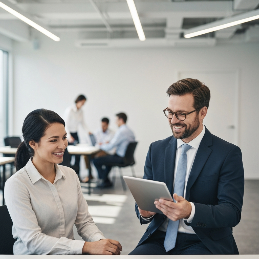 A bright and modern co-working space. A person is engaged in a focused conversation with a mentor figure, both smiling and looking at a tablet. The background features blurred activity of other professionals, emphasizing the collaborative atmosphere. Natural light streams in, illuminating the scene.