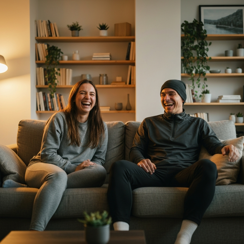A cozy living room scene. Two friends are laughing together, sitting on a comfortable sofa. Soft, warm lighting creates a relaxed atmosphere. Bookshelves and plants adorn the background, adding to the domestic feel. The focus is on their genuine connection and shared joy.