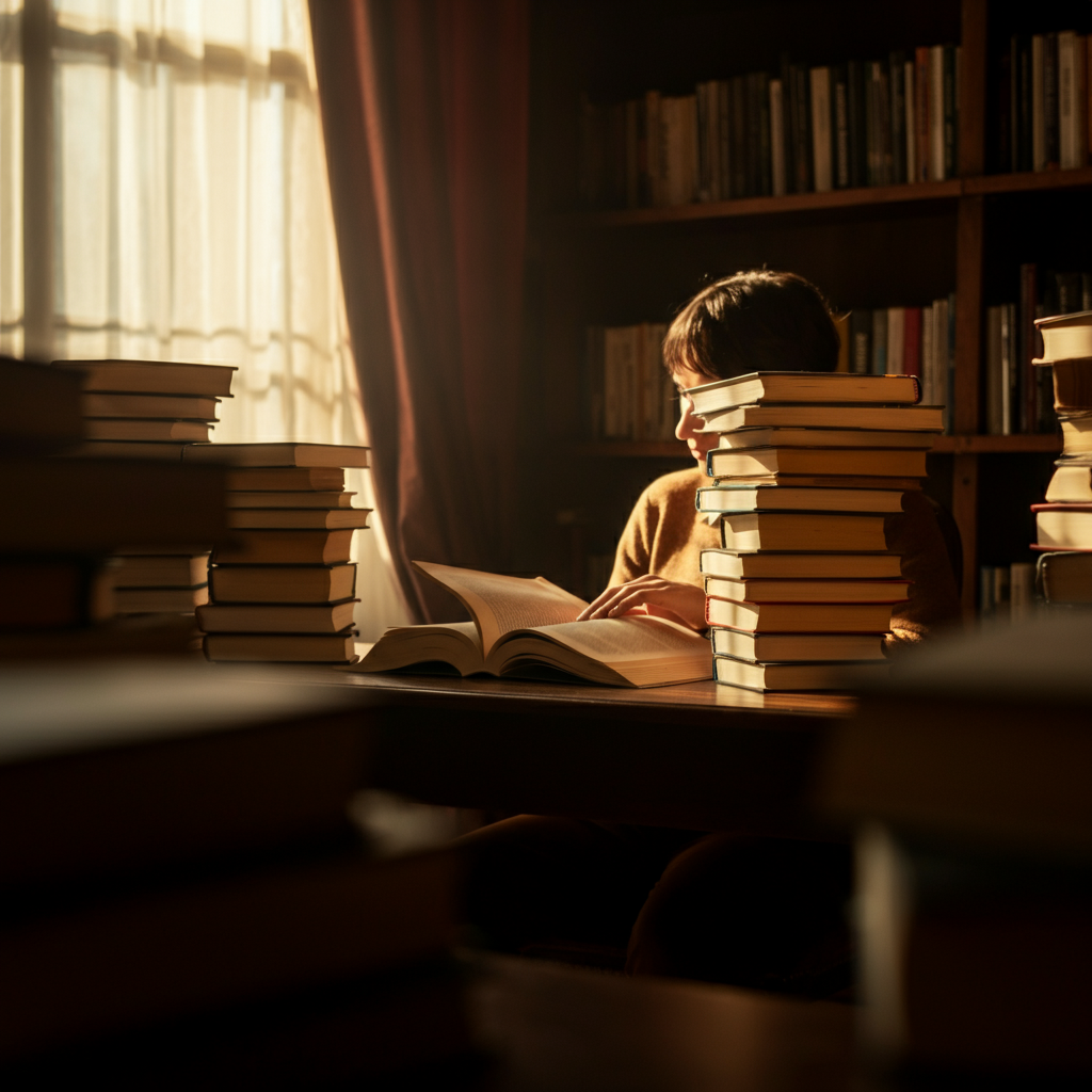 A sunlit library. A person is engrossed in reading a book, sitting at a table surrounded by stacks of books. Warm, inviting light creates a sense of intellectual curiosity. The scene emphasizes the joy of learning and exploration.