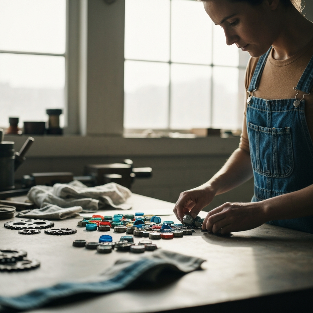 A brightly lit workshop. A person wearing denim overalls sifts through a collection of colorful bottle caps, metal gears, and fabric scraps. Natural light streams in from a large window, casting soft shadows across the workbench. Focus on the textures of the materials and the focused expression on the person's face.