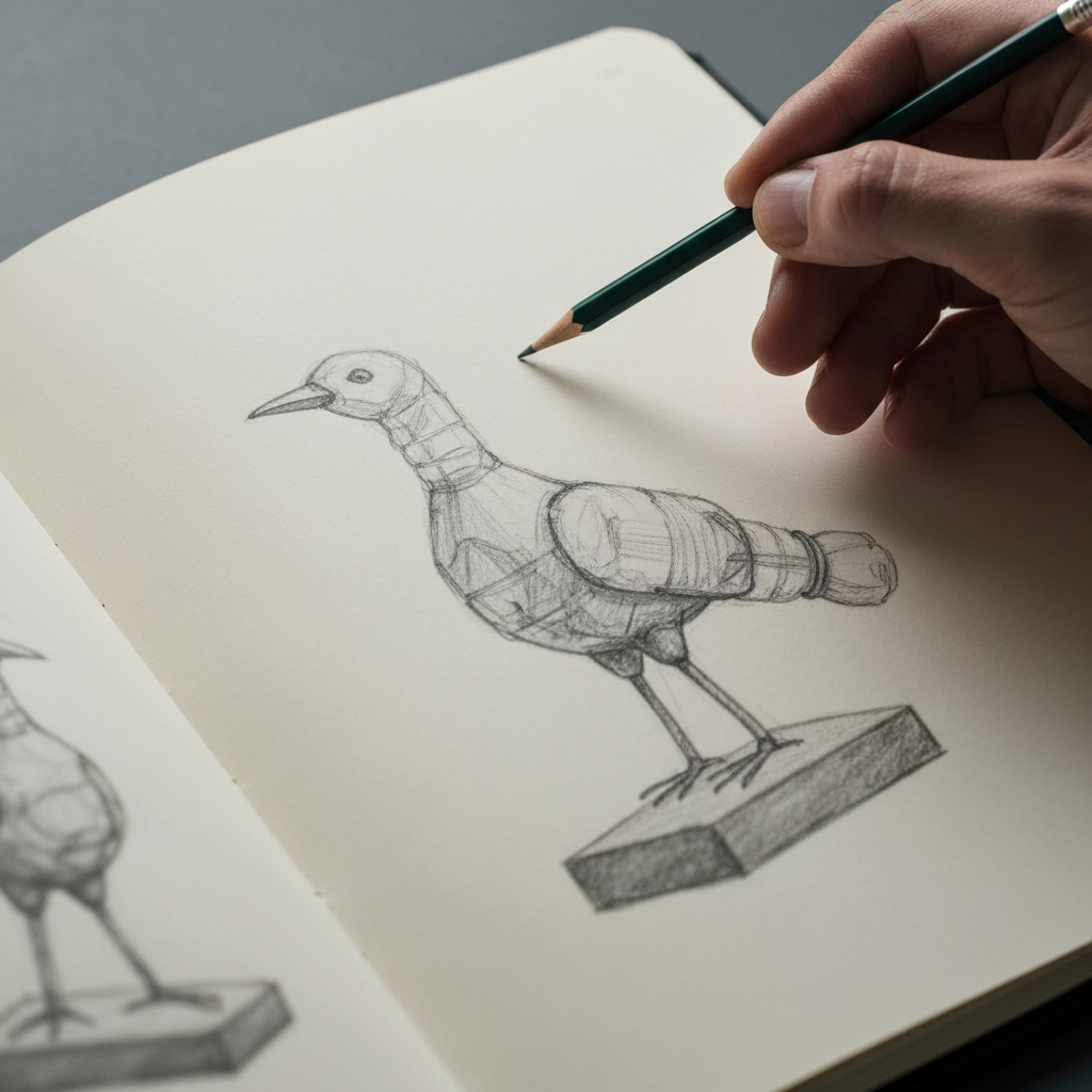 A close-up of a sketchbook. The pages are filled with rough sketches of sculptures made from recycled materials. A hand holding a pencil hovers over the page, adding details to a drawing of a bird made from plastic bottles. The lighting is soft and diffused, highlighting the textures of the paper and the graphite.