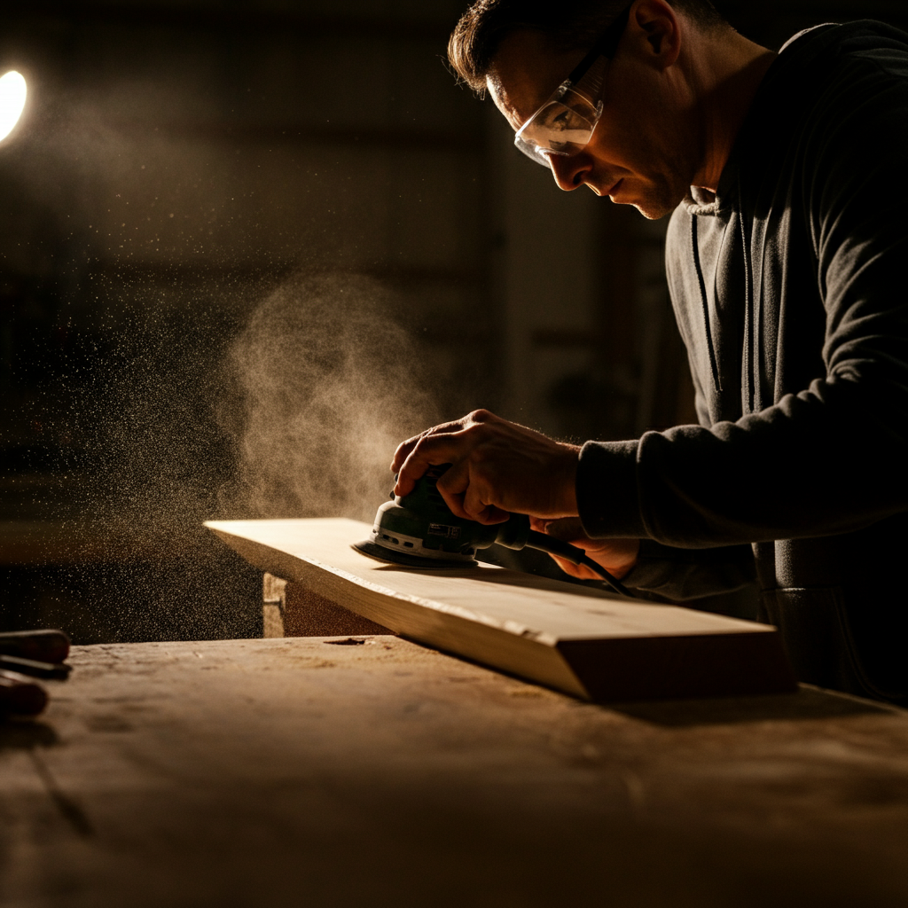 A side-lit shot of a workbench. A person wearing safety glasses is carefully sanding the edges of a piece of reclaimed wood. Dust particles float in the air, illuminated by a single spotlight. Focus on the texture of the wood and the person's focused hand movements.