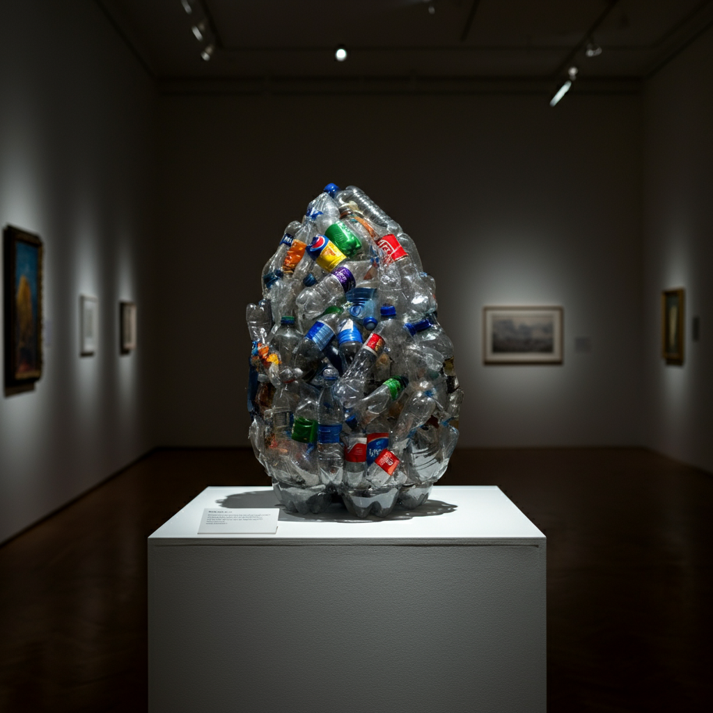 A well-lit gallery space. A finished sculpture made from recycled plastic bottles is displayed on a white pedestal. Soft lighting highlights the colors and textures of the plastic. A small information plaque is placed next to the sculpture.