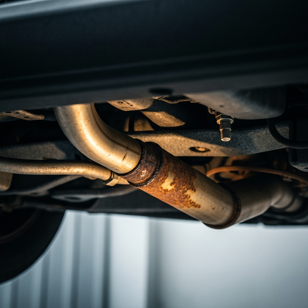 Close-up shot of a rusted exhaust pipe underneath a car, illuminated by a mechanic's work light. The focus is on the textures of the rust and metal.
