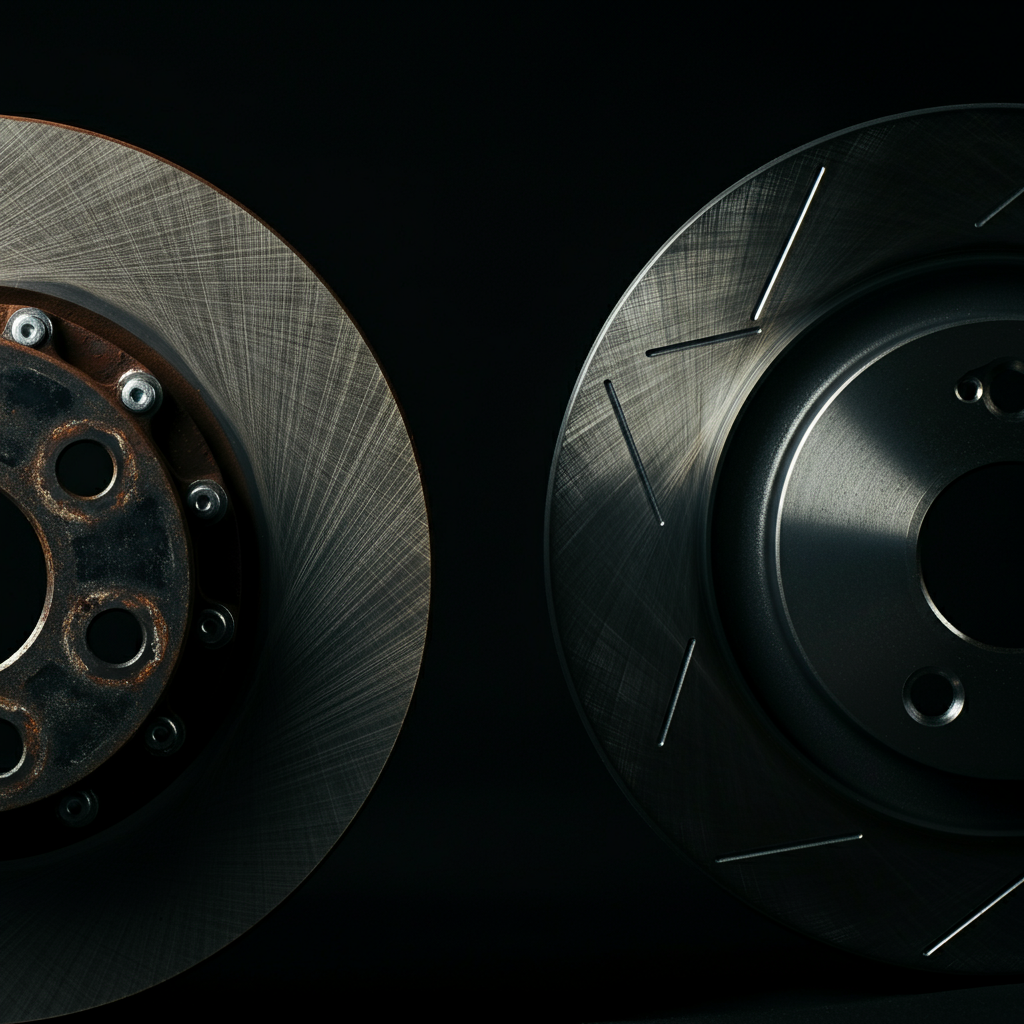 Close-up of a worn-out brake rotor with deep grooves, contrasted with a new, smooth rotor beside it. Focused lighting on the texture differences.
