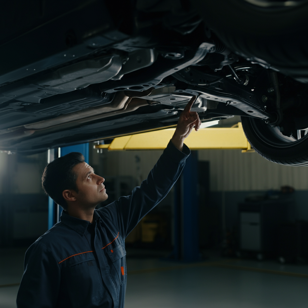 A technician inspecting the undercarriage of a car on a lift, pointing to a suspension component with a wrench. Natural lighting with slight shadows under the car.