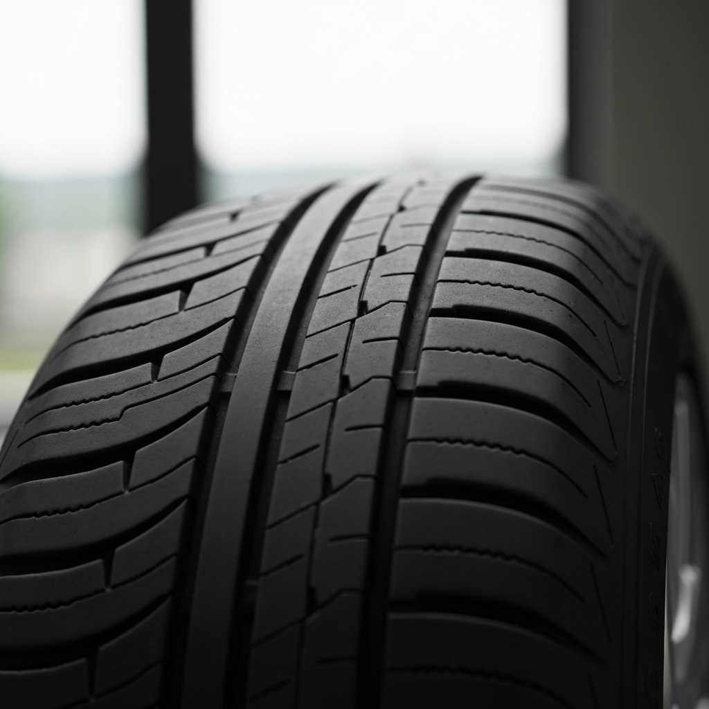 Close-up of a car tire with visible uneven wear patterns. Soft focus on the background to highlight the tire tread.