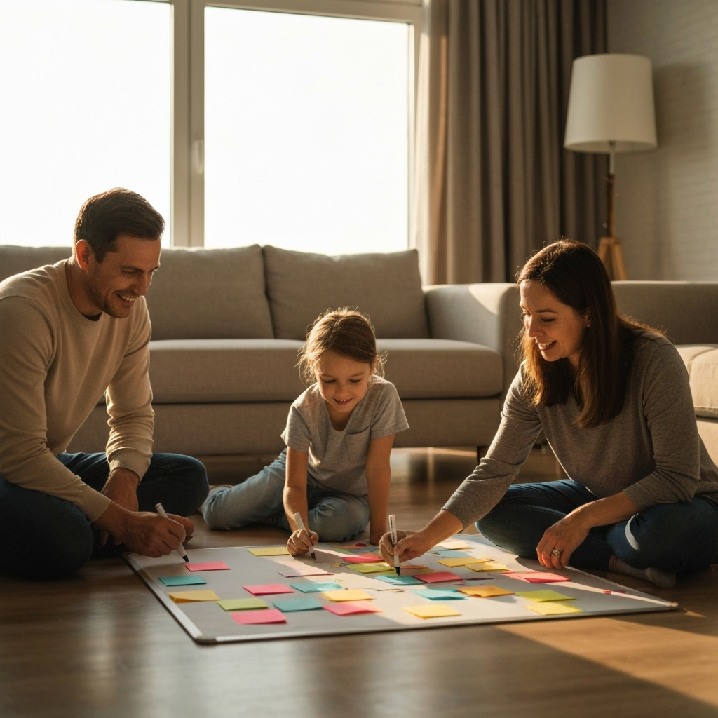 A brightly lit living room during golden hour. Family of four sits on the floor around a whiteboard covered in colorful sticky notes. The parents are smiling, and the children are actively contributing, holding markers.