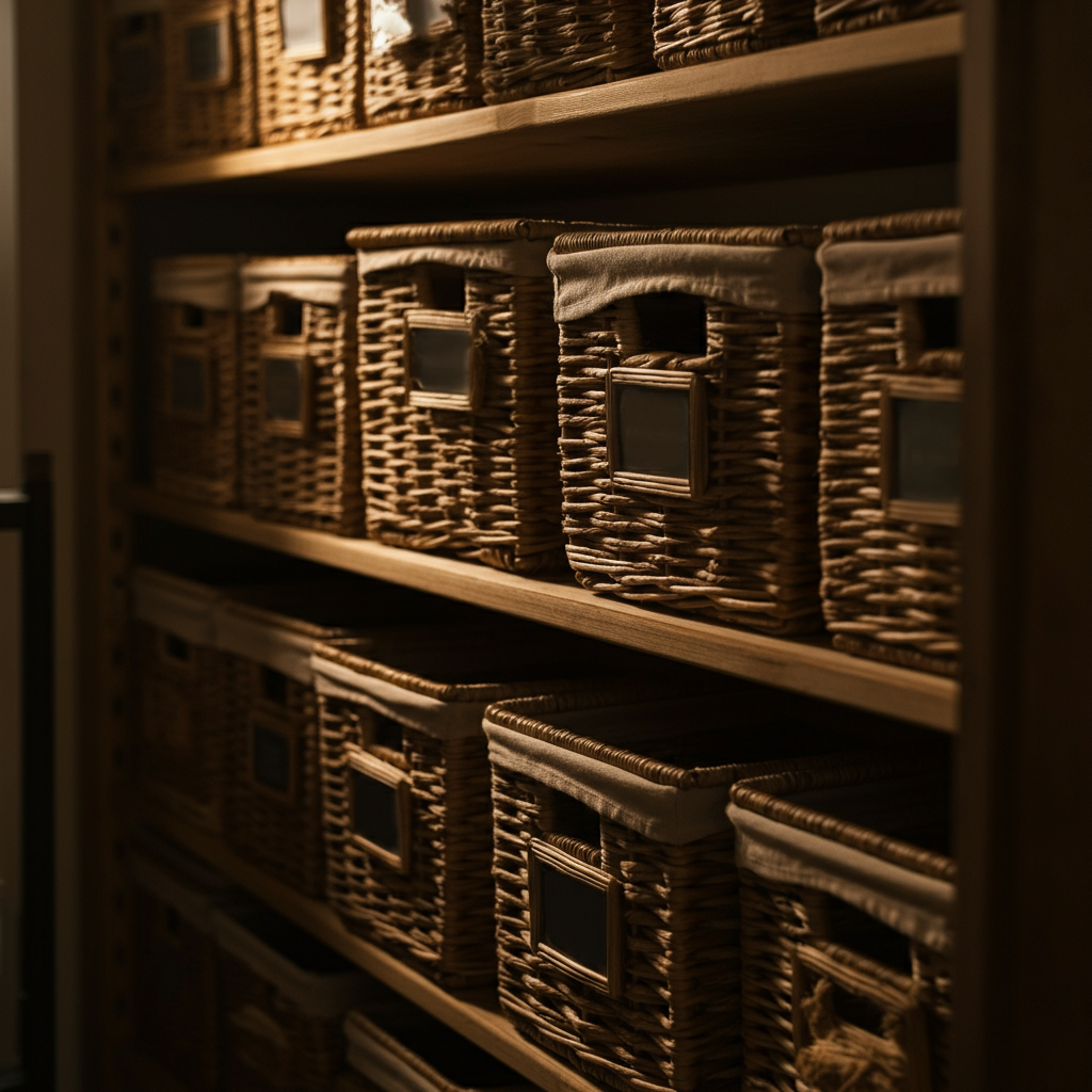 Close-up of a side-lit shelf filled with neatly organized baskets. Each basket has a clear label. The textures of the baskets and labels are sharp and detailed.