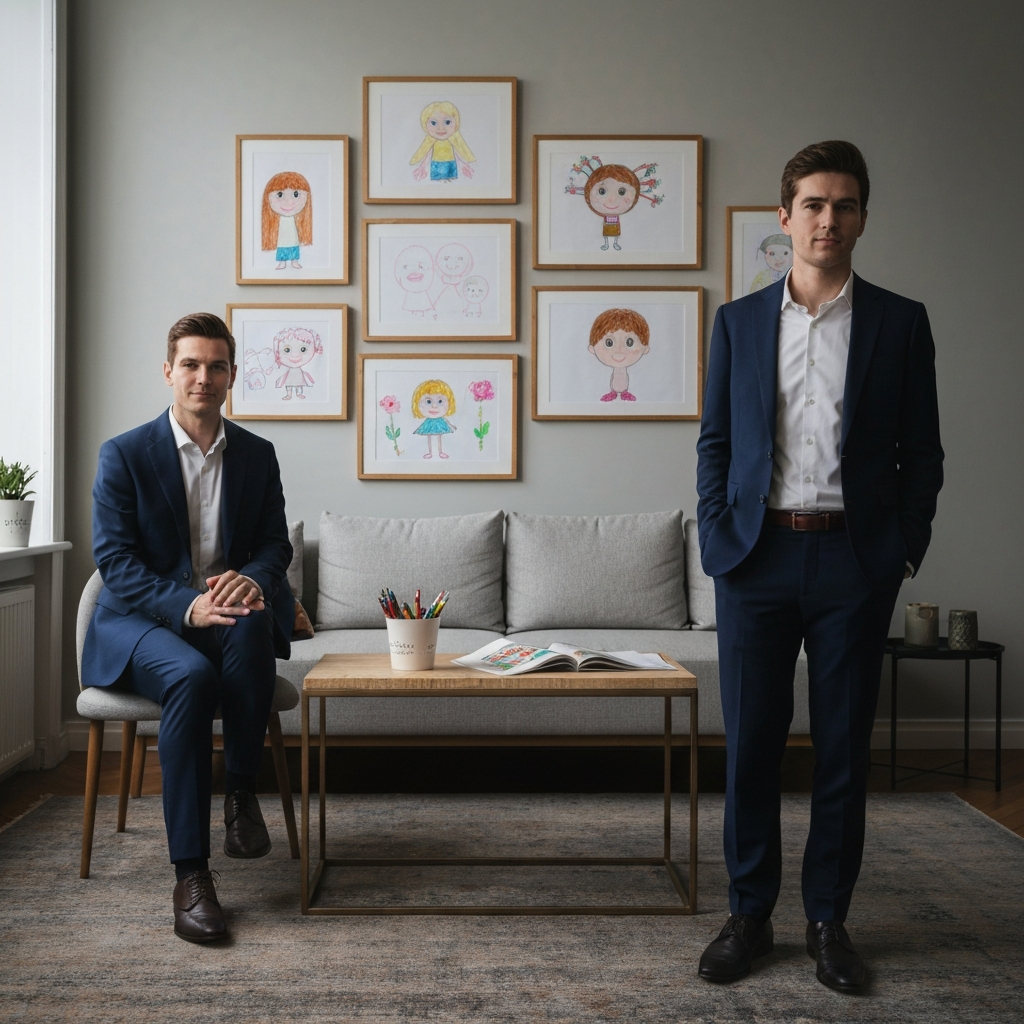 A living room with a gallery wall showcasing children's drawings and paintings. Soft, diffused light illuminates the artwork.