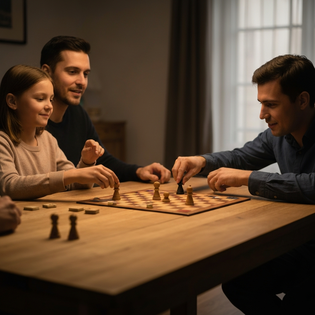 A family playing a board game around a wooden table. The lighting is warm and inviting. The textures of the game pieces and the table are clearly visible.