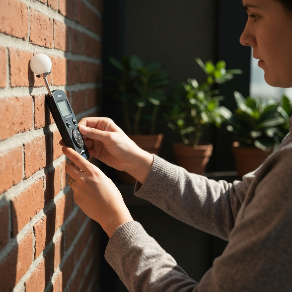 Close-up shot of a person's hands using a light meter to measure sunlight intensity on a brick wall. Soft bokeh in the background, showcasing various potted plants.