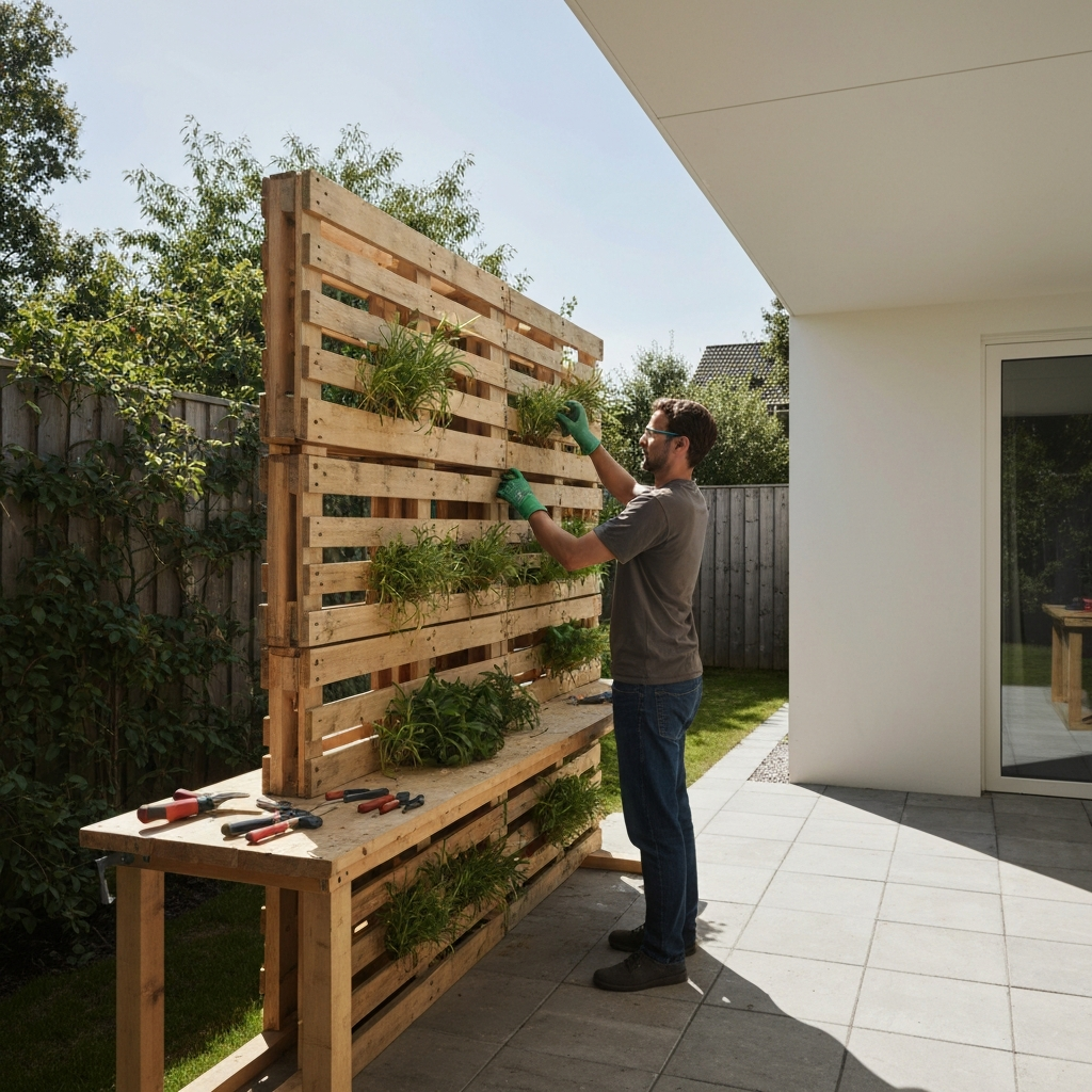 A medium shot of a person assembling a vertical garden structure from reclaimed wooden pallets in a sunny backyard. The person is wearing gardening gloves and safety glasses. Tools are neatly arranged on a workbench.