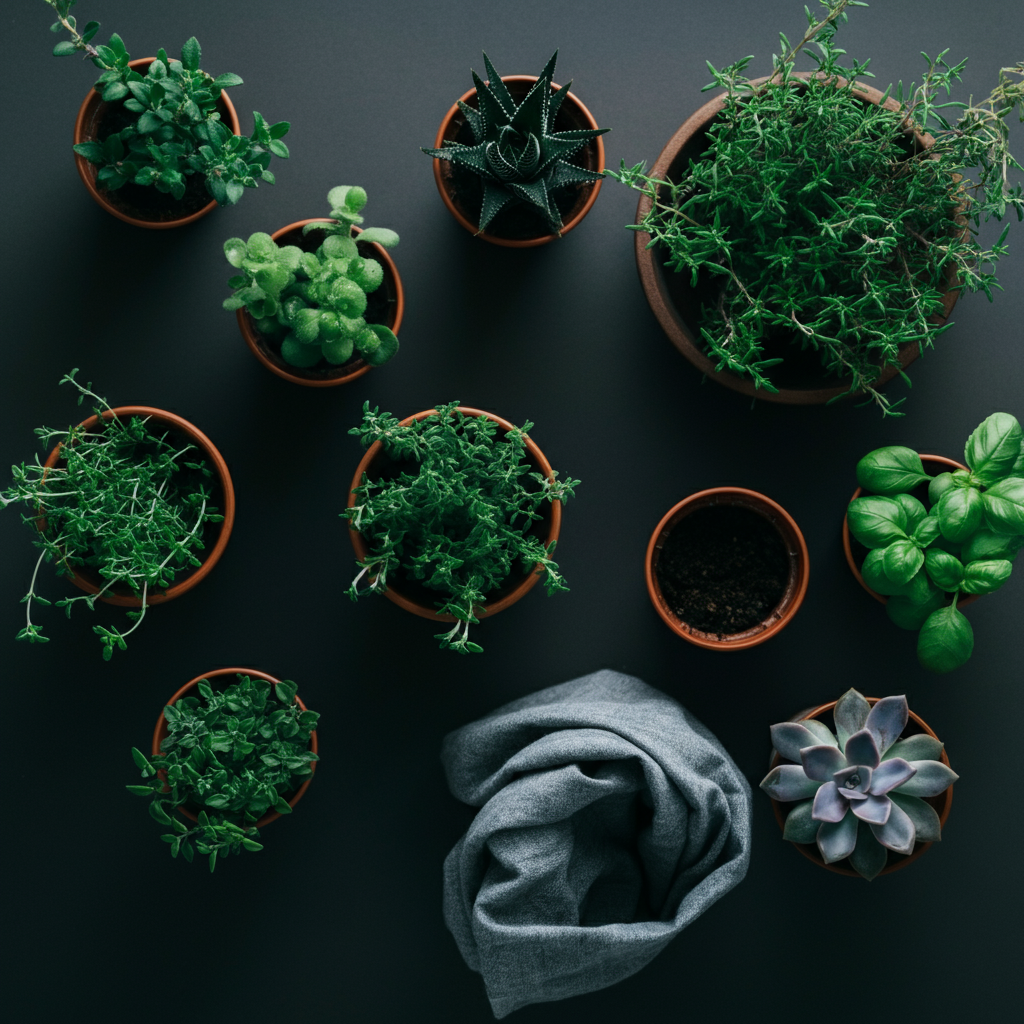 Top-down view of a variety of small potted herbs and succulents arranged on a table, with soft, diffused light highlighting their textures and colors.