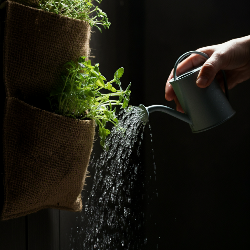 Close-up shot of a hand gently watering a newly planted herb in a vertical garden pocket made from burlap. Water droplets glisten in the sunlight, showcasing the texture of the soil.