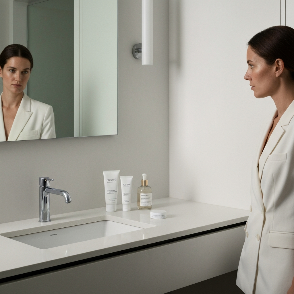 A clean, minimalist bathroom counter with neatly arranged skincare products. Soft, diffused light creates a spa-like atmosphere.