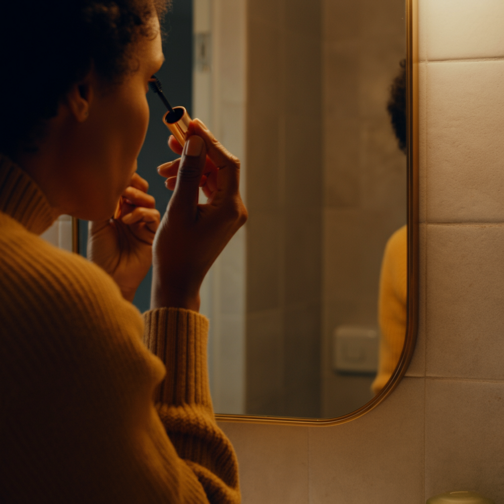 A woman applying mascara in a well-lit bathroom mirror. Focus is on her hand and the delicate application of the mascara.