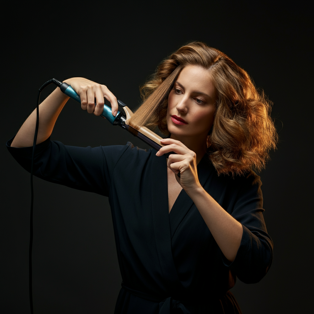 Medium shot of a woman quickly styling her hair with a curling iron. The background is blurred to focus on the motion and result of styling.
