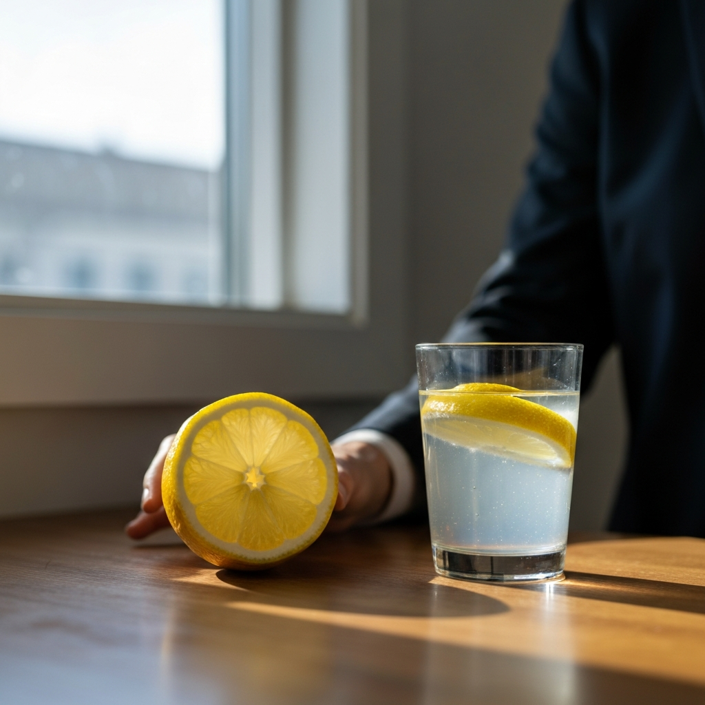Close-up of a glass of water with lemon slices, sitting on a wooden countertop. Natural light streaming in from a window.