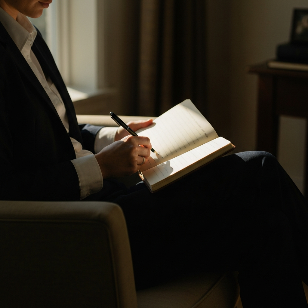 A softly lit study with a person sitting in a comfortable armchair, journaling in a leather-bound notebook. Sunlight streams through the window, casting long shadows. The focus is on the person's hands and the texture of the paper.