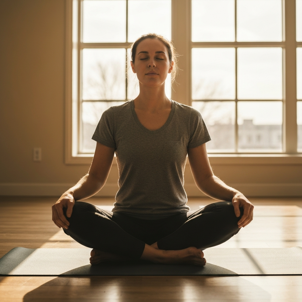 A person sits cross-legged on a yoga mat in a sunlit studio, eyes closed in contemplation. Soft, diffused light filters through the windows. Focus is on their serene expression and relaxed posture.