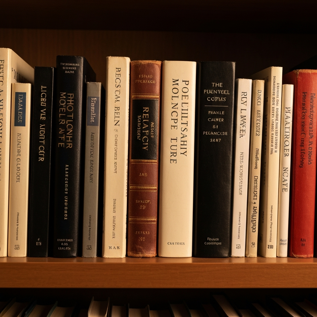 A bookshelf filled with well-worn books on philosophy and literature. The lighting is warm and inviting, highlighting the spines of the books. Close up shot focusing on a few book titles.