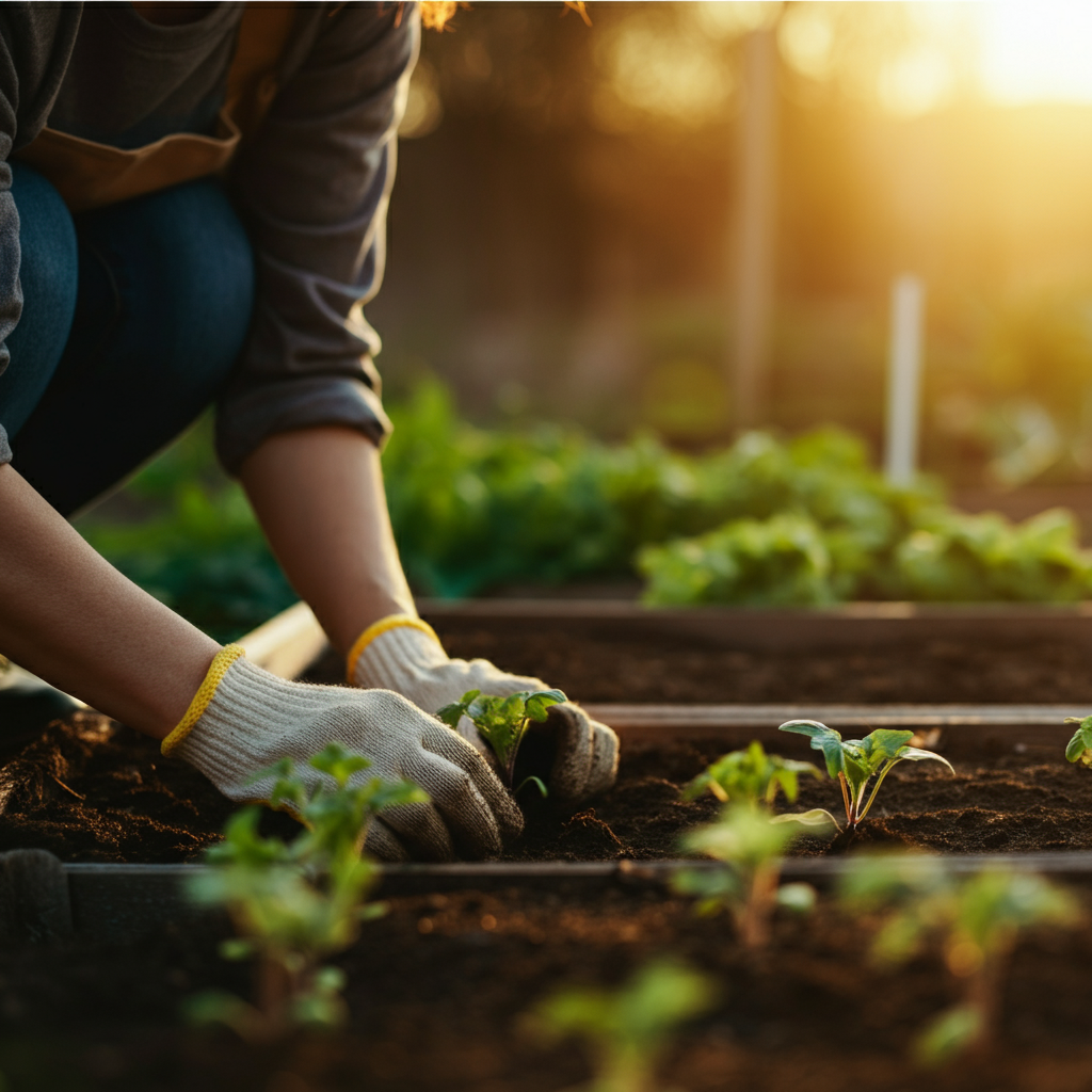 A volunteer helping in a community garden, planting seedlings. Golden hour lighting creates a warm, inviting atmosphere. The focus is on the hands working with the soil and the vibrant green plants.