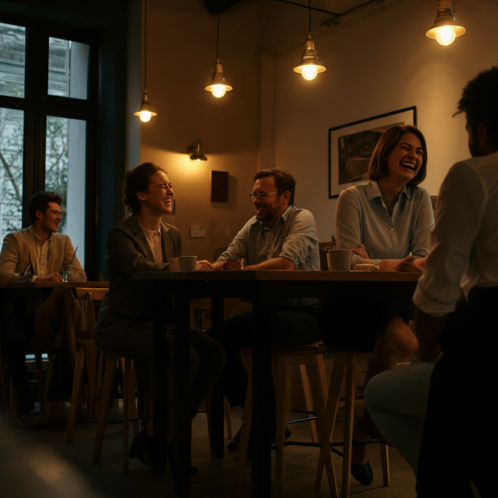 A group of people laughing and talking around a table in a coffee shop. The lighting is warm and inviting. Focus is on the expressions of joy and connection on their faces.