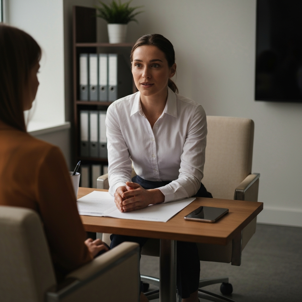A therapist sitting across from a client in a comfortable office setting. The lighting is warm and inviting. Focus is on the therapist's empathetic expression and attentive listening posture.