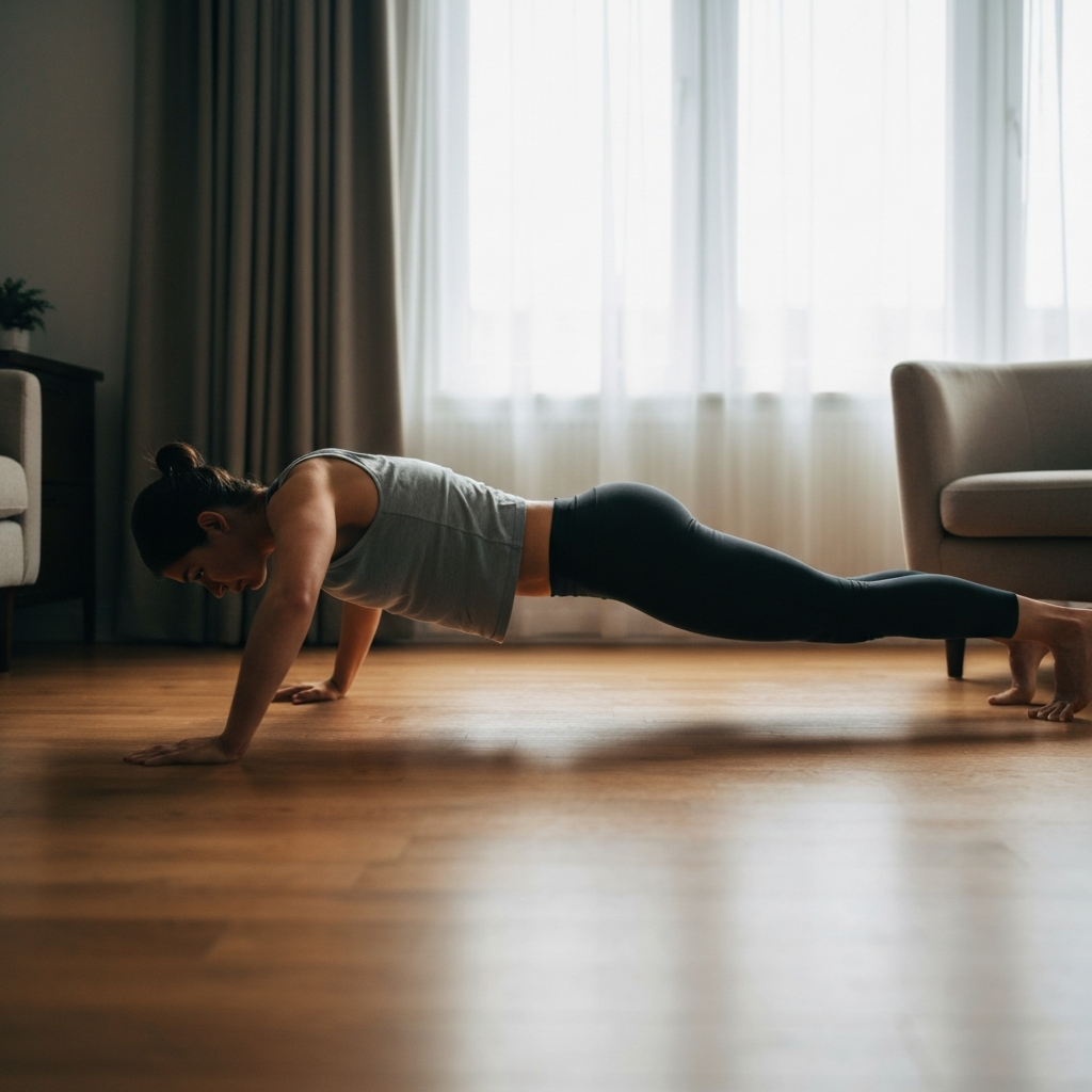 A person in athletic clothing performing a perfect push-up in a well-lit living room. Focus on the clean lines of their body, the firm engagement of their core. Soft window light, wooden floor.