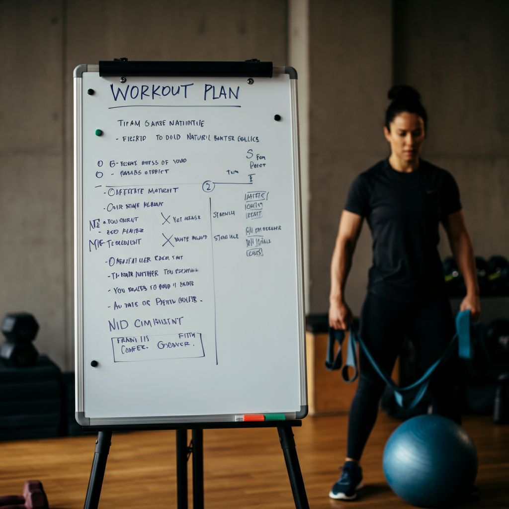 A workout plan scrawled on a whiteboard in a home gym setting. The writing is clear and organized. Dumbbells and resistance bands are visible in the background, slightly out of focus.