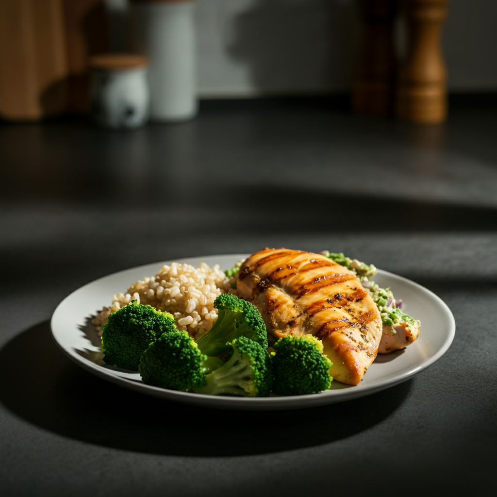 A kitchen counter displaying a balanced meal: grilled chicken breast, brown rice, and steamed broccoli. The food is arranged artfully. Natural daylight streaming in from a nearby window.