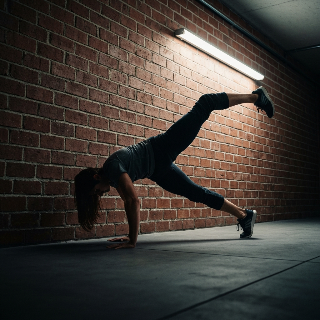 A person performing a handstand push-up against a brick wall in their garage gym. Focus on the controlled movement and the stability of the form. Industrial lighting, gritty texture of the brick.