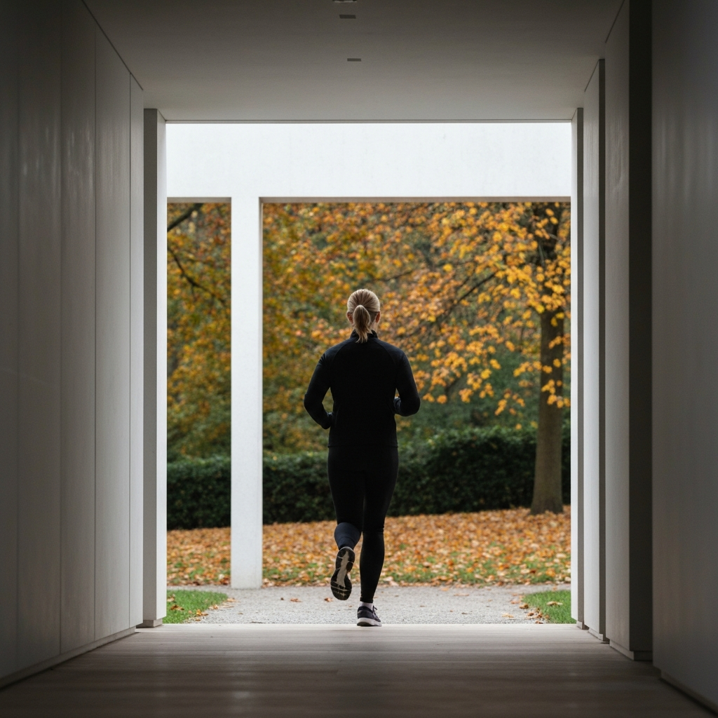 A person running on a park trail. Leaves are changing color in autumn. Soft bokeh effect, capturing the movement and energy.
